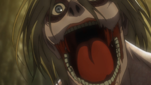 up close shot of a titan's mouth unhinged
